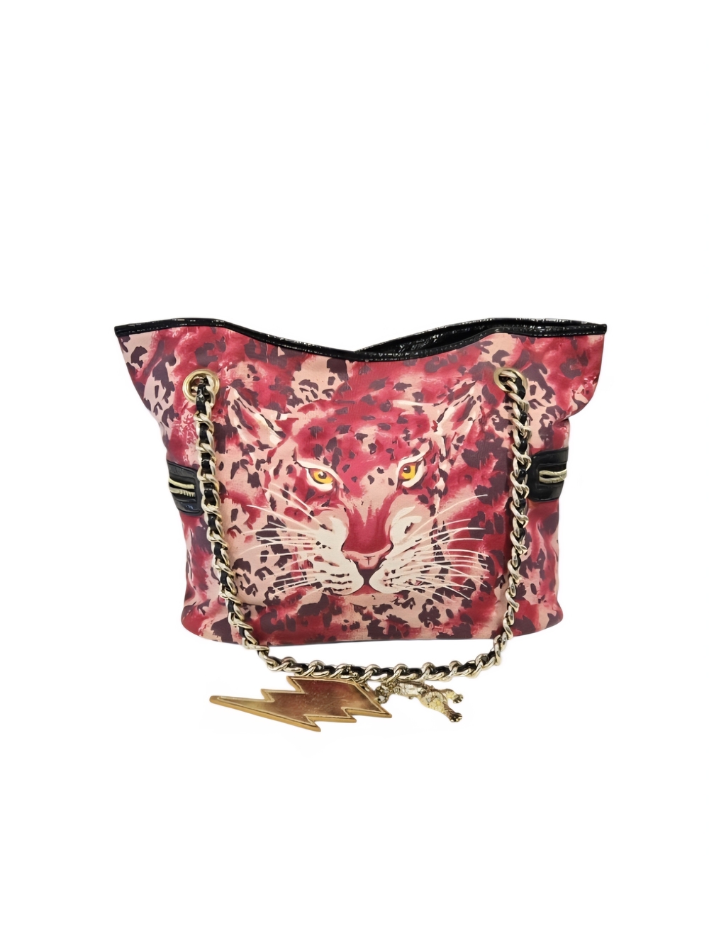 Betseyville Red And Pink Leopard Face Tote with Gold Chain Straps